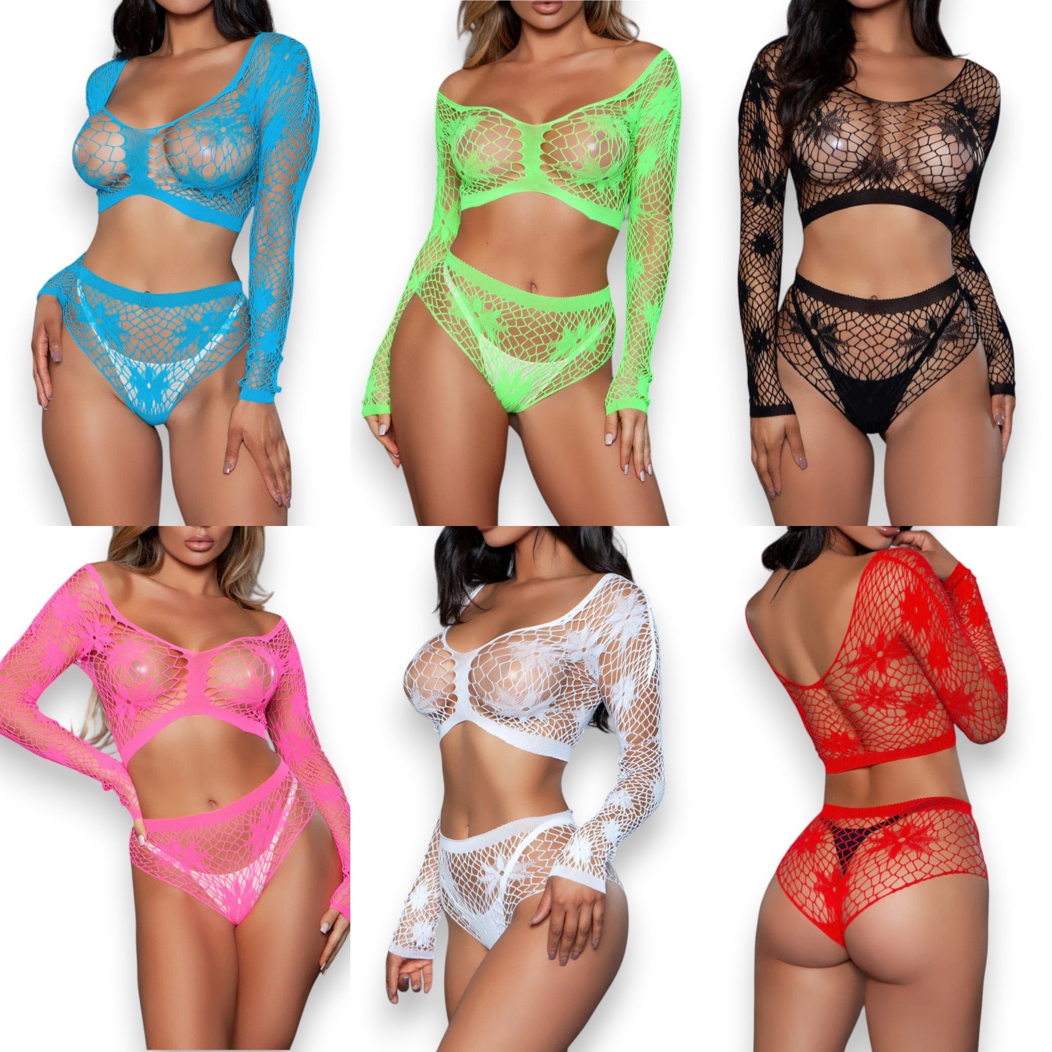 Larissa black floral mesh crop set with long sleeves, front view — Golddiggers Boutique exotic dancewear