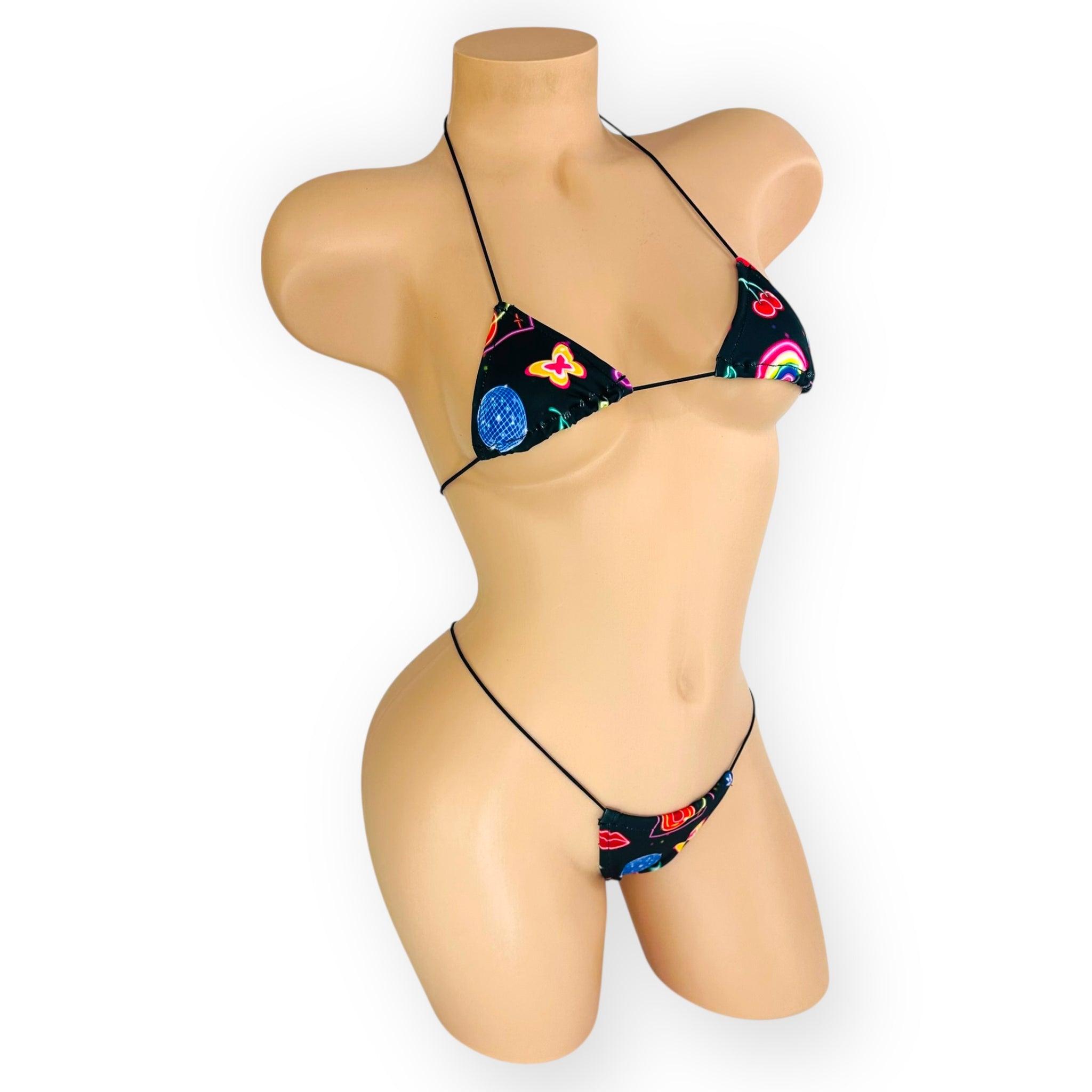 Neon Lights black micro kini angled front view on mannequin — Golddiggers Boutique