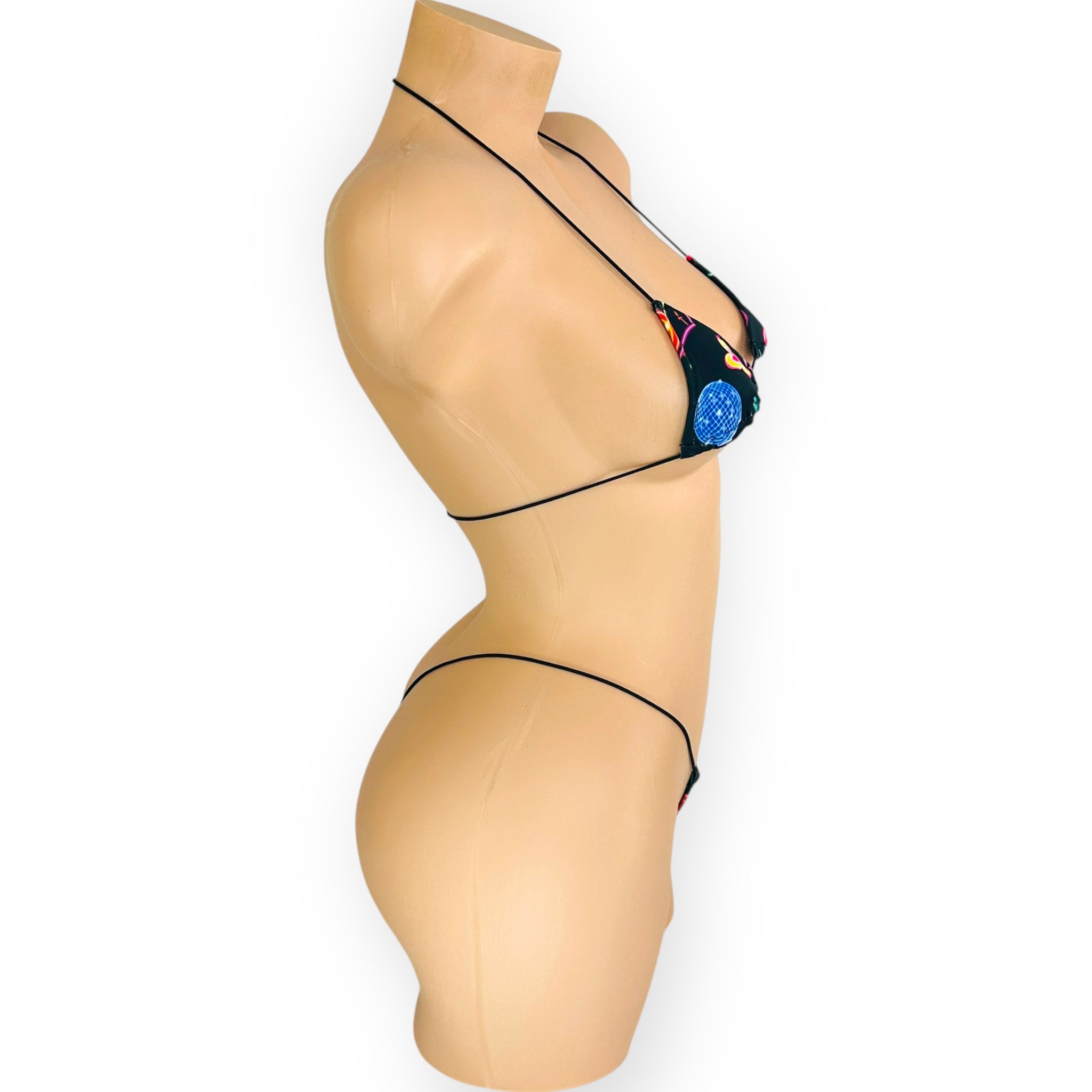 Neon Lights micro kini side view showing minimal coverage — Golddiggers Boutique exotic dancewear