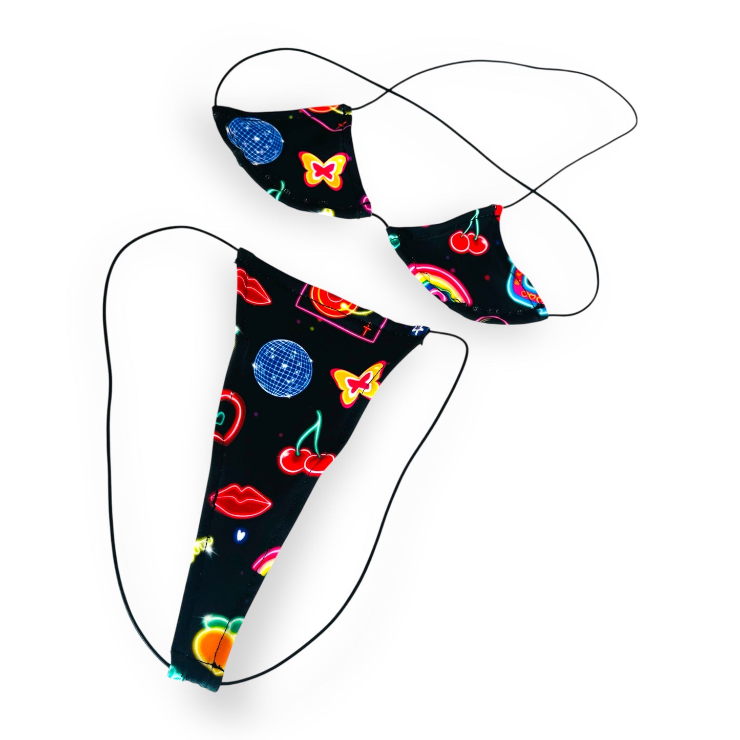 Neon Lights black and neon print teeny tiny micro kini with triangle top and g-string, flat lay view — Golddiggers Boutique exotic dancewear