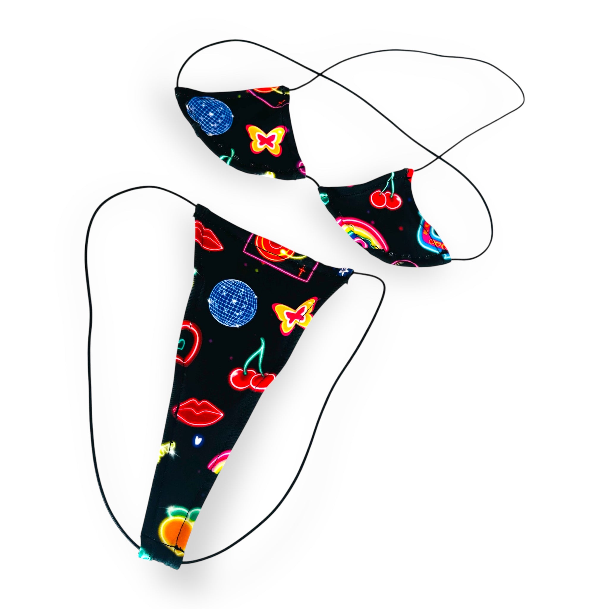 Neon Lights black and neon print teeny tiny micro kini with triangle top and g-string, flat lay view — Golddiggers Boutique exotic dancewear