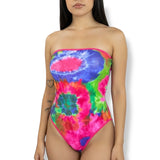 Tie-dye tube bodysuit coral lime purple orange, front view — Golddiggers Boutique exotic dancewear