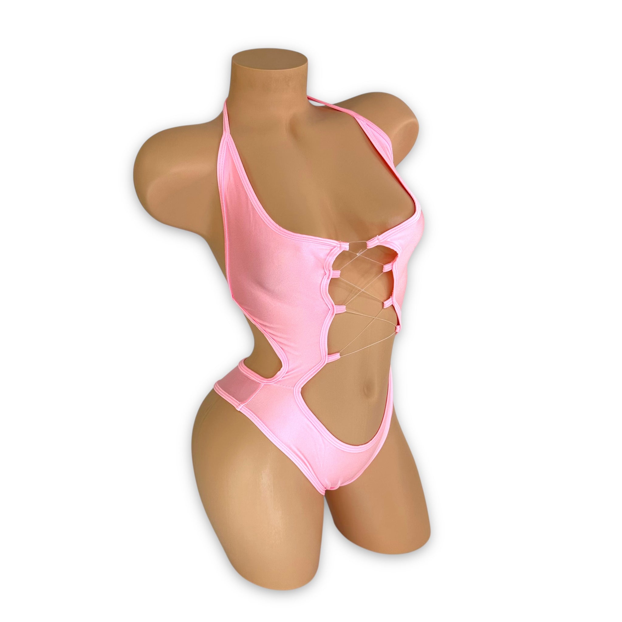 Simone pink halter bodysuit side view showing dramatic cutout detail — Golddiggers Boutique exotic dancewear
