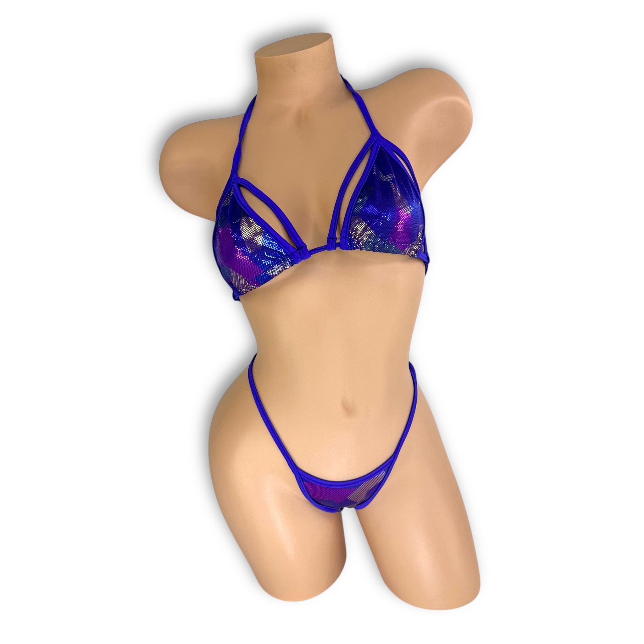 Stevie purple triangle bikini set with rainbow holographic detailing, front view on mannequin — Golddiggers Boutique exotic dancewear