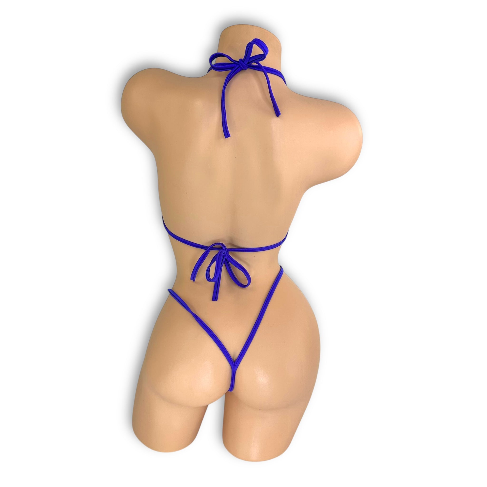 Stevie purple bikini set back view showing tie closures and g-string thong — Golddiggers Boutique