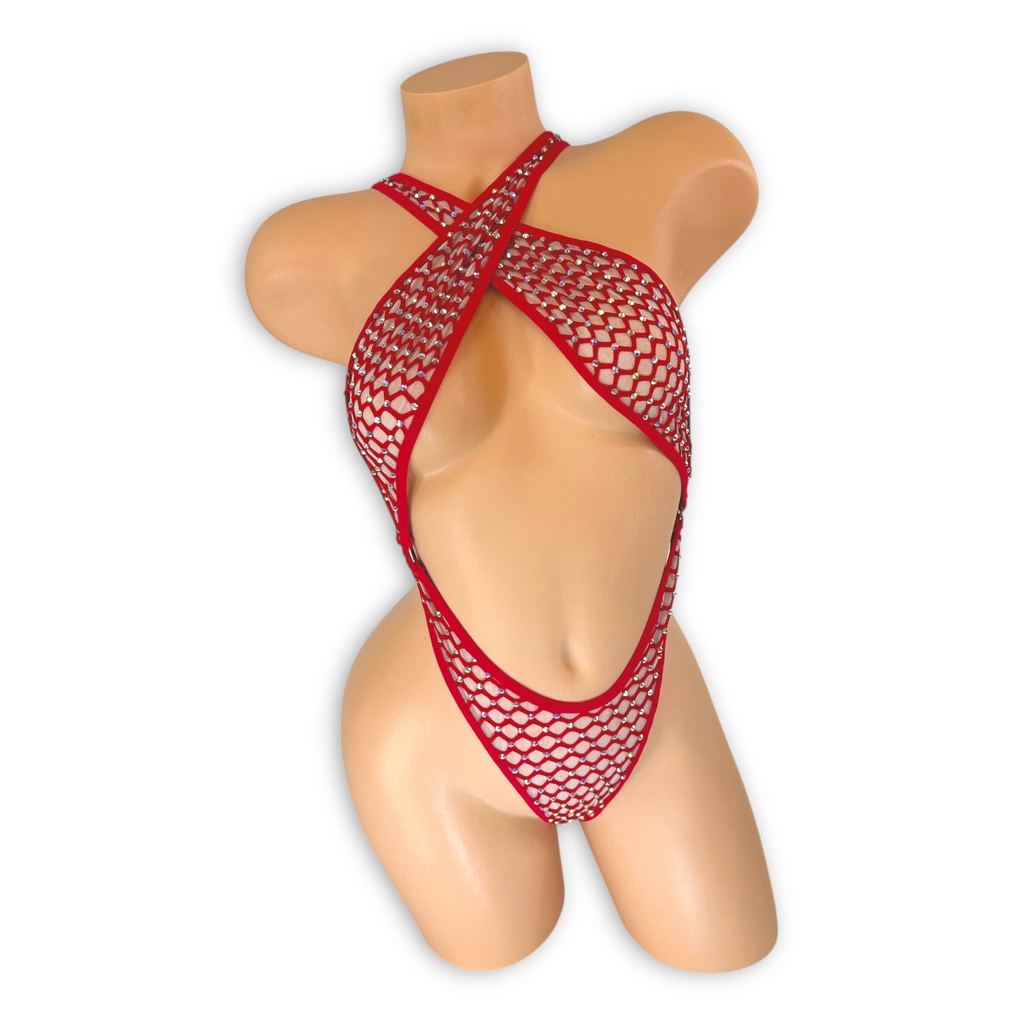 Ann red cabaret net criss cross bodysuit with rhinestone details, front view — Golddiggers Boutique exotic dancewear