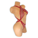 Ann red cabaret net rhinestone bodysuit criss cross detail, close-up view — Golddiggers Boutique exotic dancewear