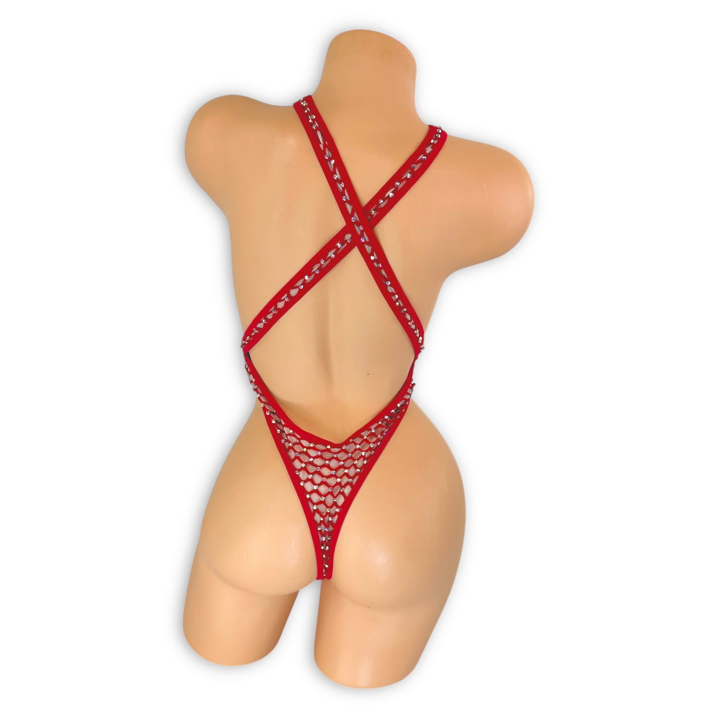 Ann red cabaret net bodysuit with o-ring crossover straps, back view — Golddiggers Boutique exotic dancewear