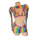 Letty rainbow fishnet skirt set with triangle top and mini skirt, front view — Golddiggers Boutique exotic dancewear