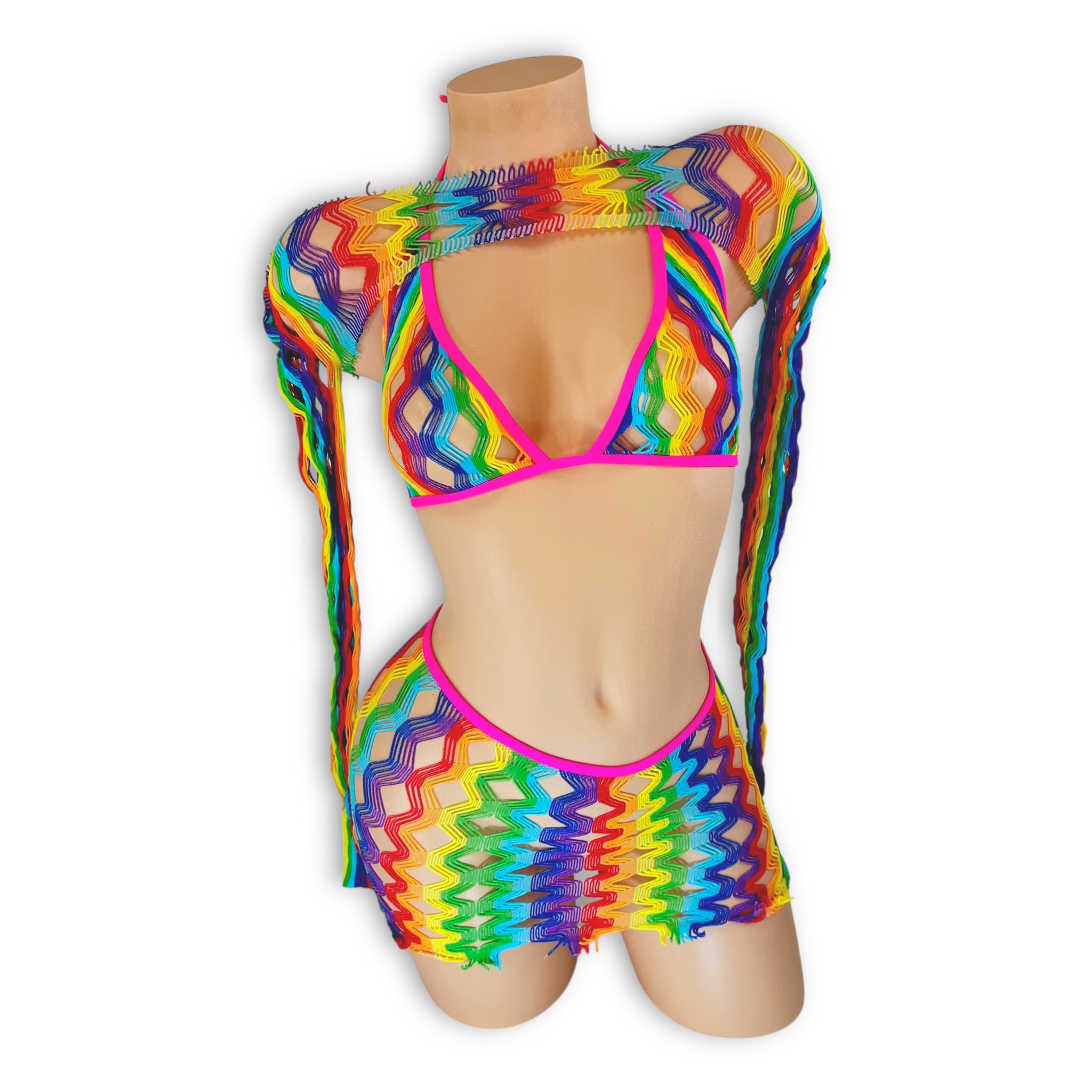 Letty rainbow fishnet skirt set with triangle top and mini skirt, front view — Golddiggers Boutique exotic dancewear