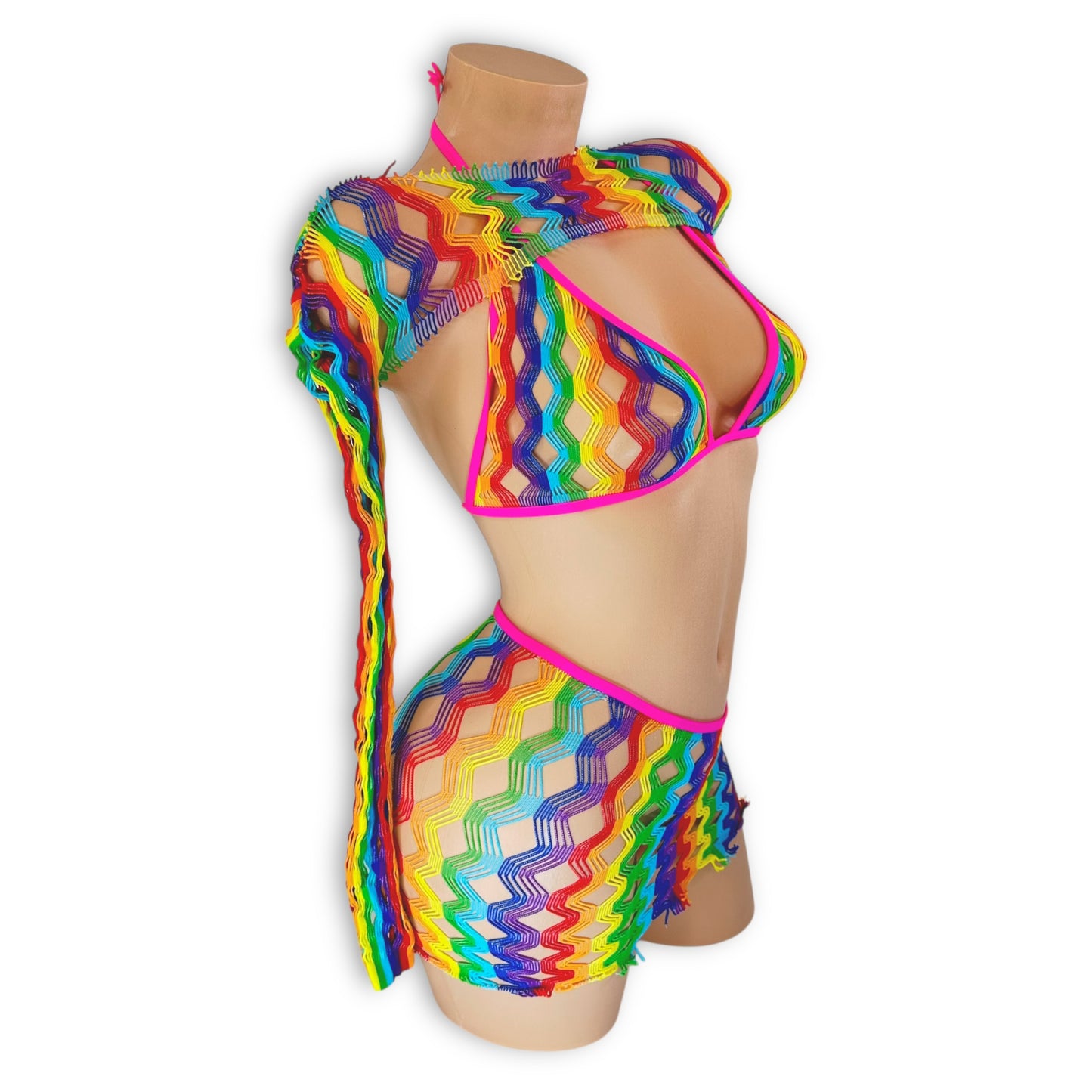 Letty rainbow fishnet outfit neon pink trim close-up detail — Golddiggers Boutique exotic dancewear
