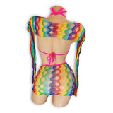 Letty rainbow fishnet set showing long sleeve shawl detail, back view — Golddiggers Boutique exotic dancewear