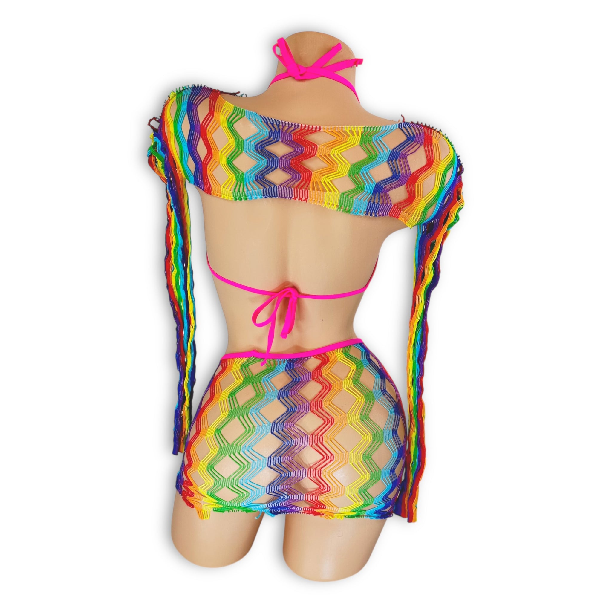 Letty rainbow fishnet set showing long sleeve shawl detail, back view — Golddiggers Boutique exotic dancewear