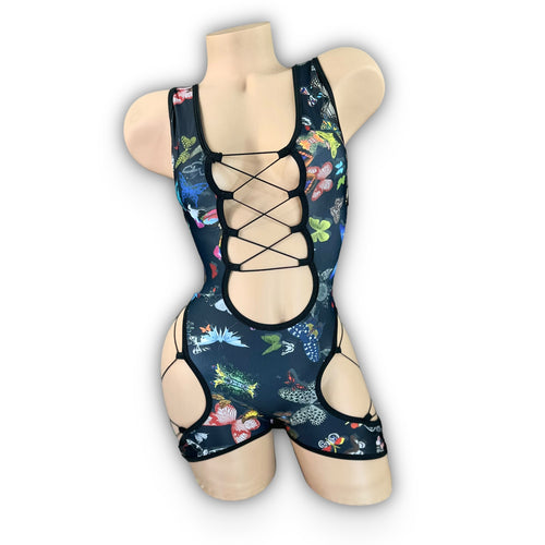 Sheila black butterfly lace romper with front lace-up detail, front view — Golddiggers Boutique exotic dancewear