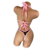 Kristen leopard rhinestone slingshot bodysuit showing double strap neck tie, back view — Golddiggers Boutique exotic dancewear