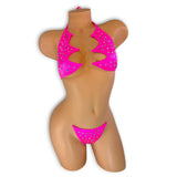 Kenzie hot pink rhinestone halter set with clear elastic ties, front view — Golddiggers Boutique exotic dancewear