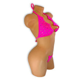 Kenzie hot pink rhinestone halter set with matching g-string, close-up detail — Golddiggers Boutique exotic dancewear