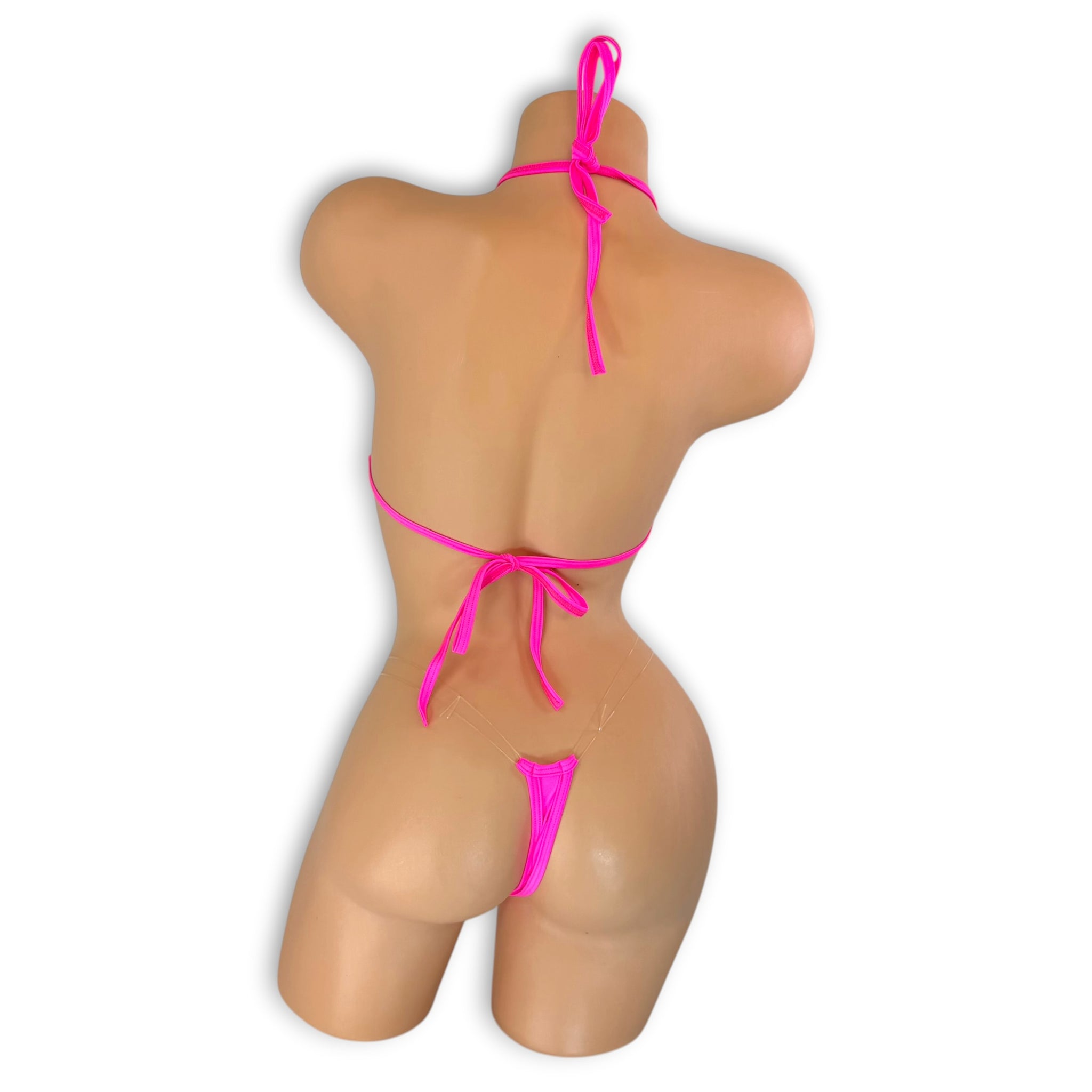 Kenzie hot pink rhinestone halter set with AB rhinestone detailing, back view — Golddiggers Boutique exotic dancewear