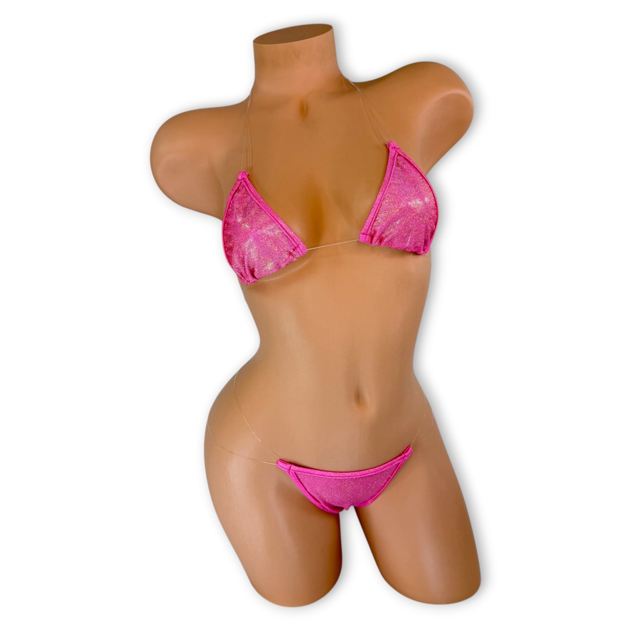 Alyssa holographic coral triangle bikini set front view — Golddiggers Boutique exotic dancewear