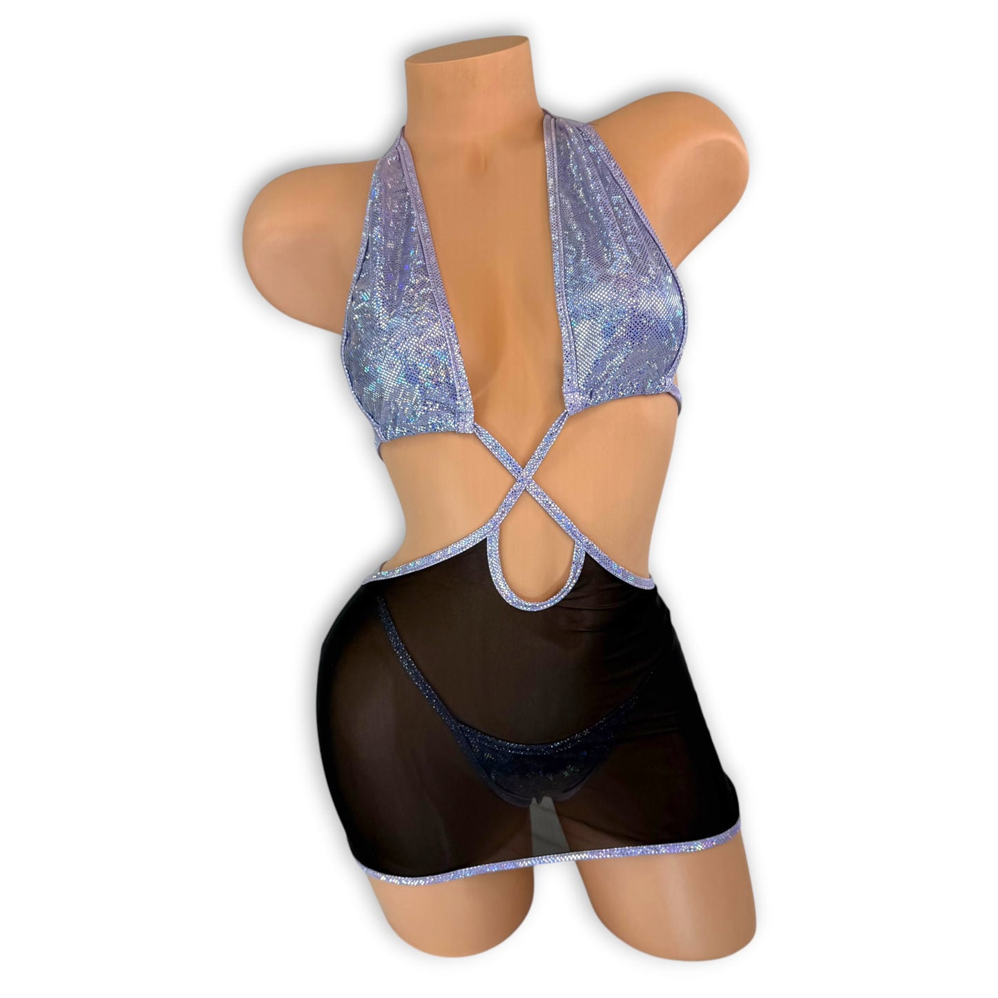 Justice holographic lilac and black mesh mini dress, front view — Golddiggers Boutique exotic dancewear
