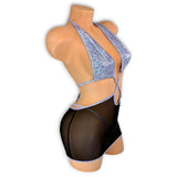 Justice holographic lilac mesh dress with matching g-string, close-up — Golddiggers Boutique exotic dancewear