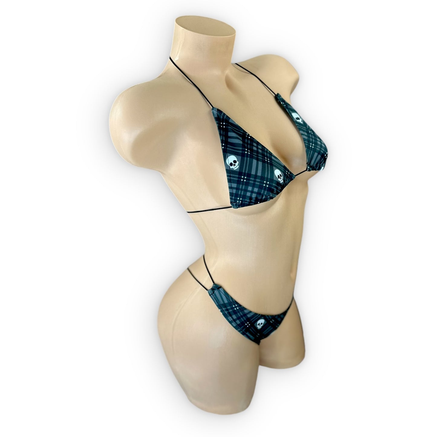 Piper gray tartan triangle bikini set front view on mannequin — Golddiggers Boutique exotic dancewear