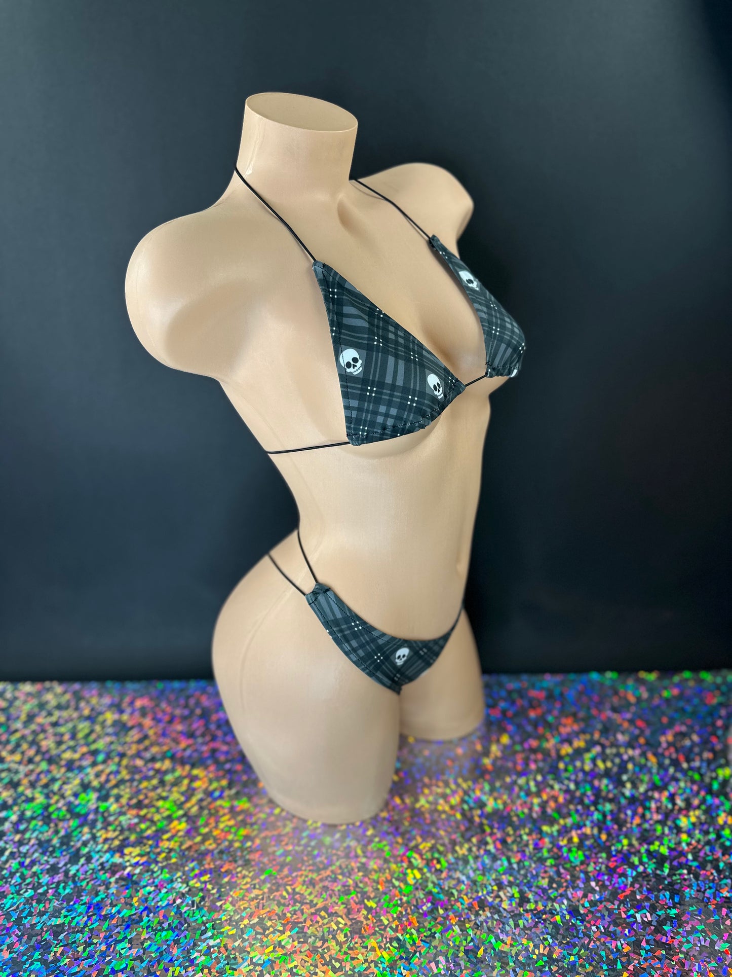 Piper gray tartan skull print bikini set side angle view — Golddiggers Boutique