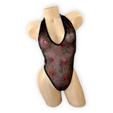Carla black spider web bodysuit front view — Golddiggers Boutique exotic dancewear