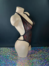 Carla spider web bodysuit flat lay detail — Golddiggers Boutique exotic dancewear