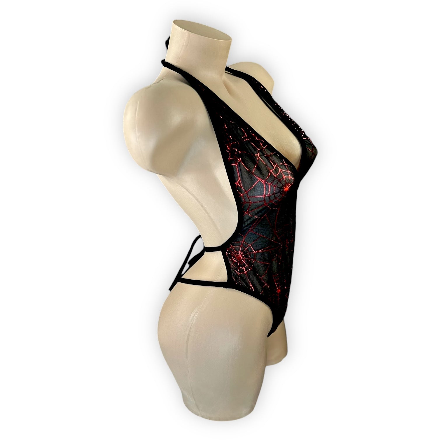 Carla red spider web bodysuit side view — Golddiggers Boutique exotic dancewear