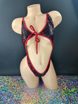 Hannah blood drip bodysuit close-up of metallic fabric texture and tie front — Golddiggers Boutique exotic dancewear