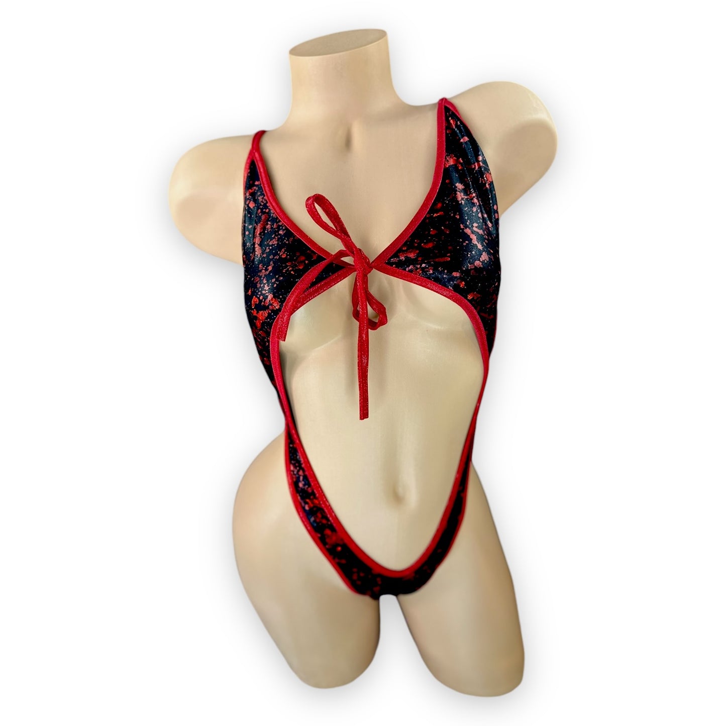 Hannah red metallic blood drip bodysuit with tie front, front view — Golddiggers Boutique exotic dancewear