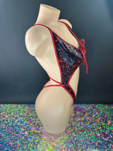 Hannah bodysuit detail shot of adjustable tie front closure — Golddiggers Boutique exotic dancewear