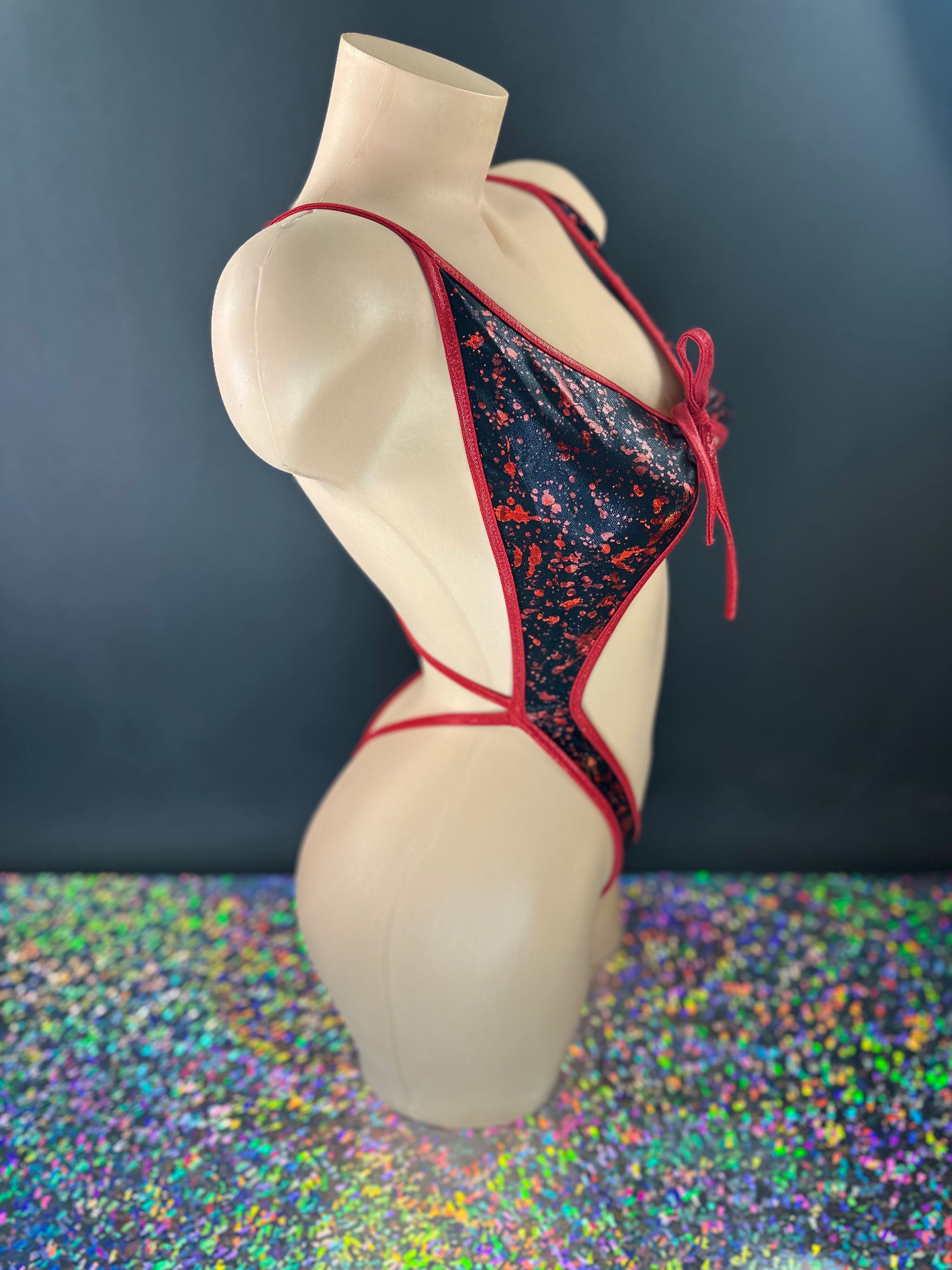 Hannah bodysuit detail shot of adjustable tie front closure — Golddiggers Boutique exotic dancewear