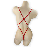 Hannah metallic bodysuit back view showing thong cut and blood drip pattern — Golddiggers Boutique exotic dancewear