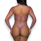 Stella black fishnet bodysuit diamond pattern detail, close-up — Golddiggers Boutique exotic dancewear