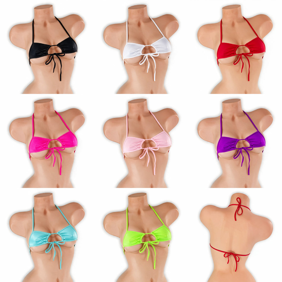 Adjustable center tie top on mannequin in all 8 colors, Golddiggers Boutique