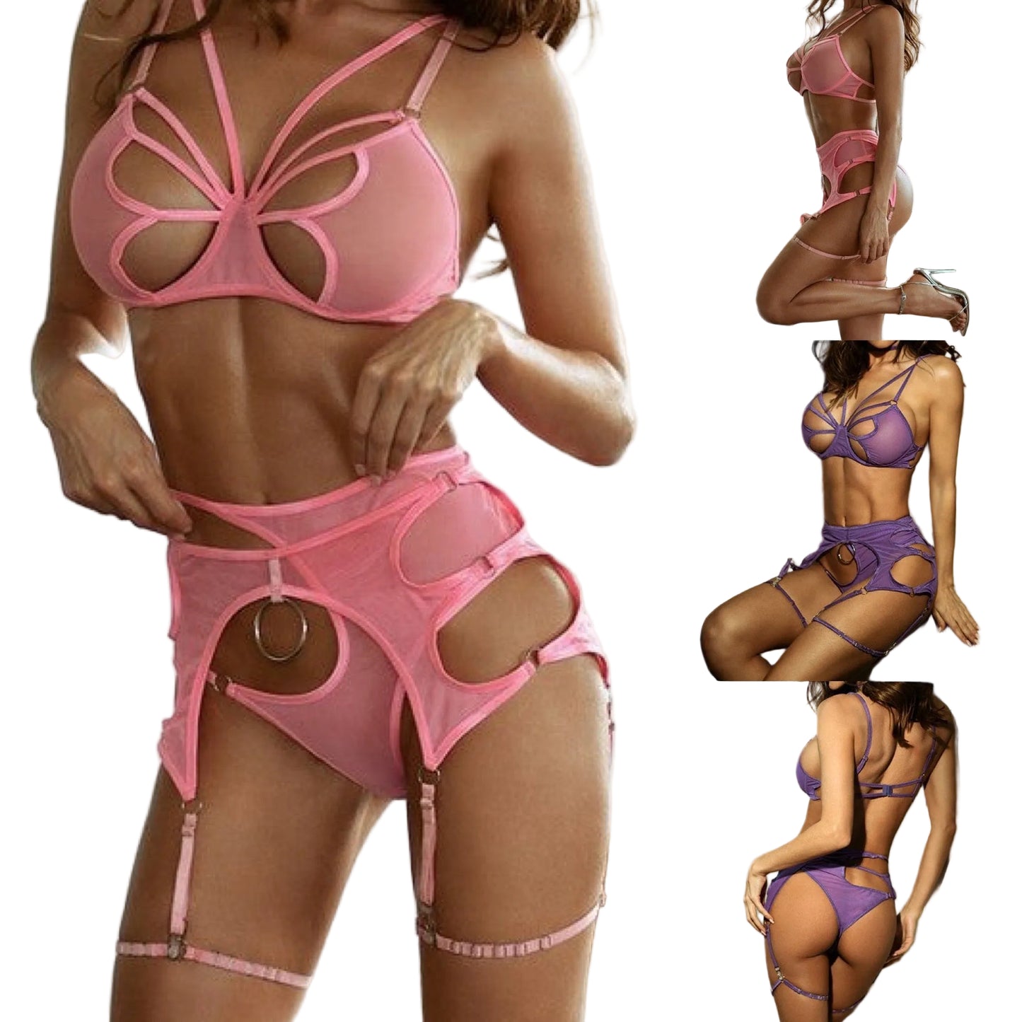 Collage showing pink and purple butterfly cutout lingerie sets with strappy bra and garter belt details