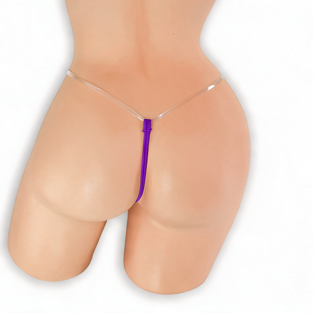 Amethyst purple clear strap g-string on mannequin, back view, Golddiggers Boutique