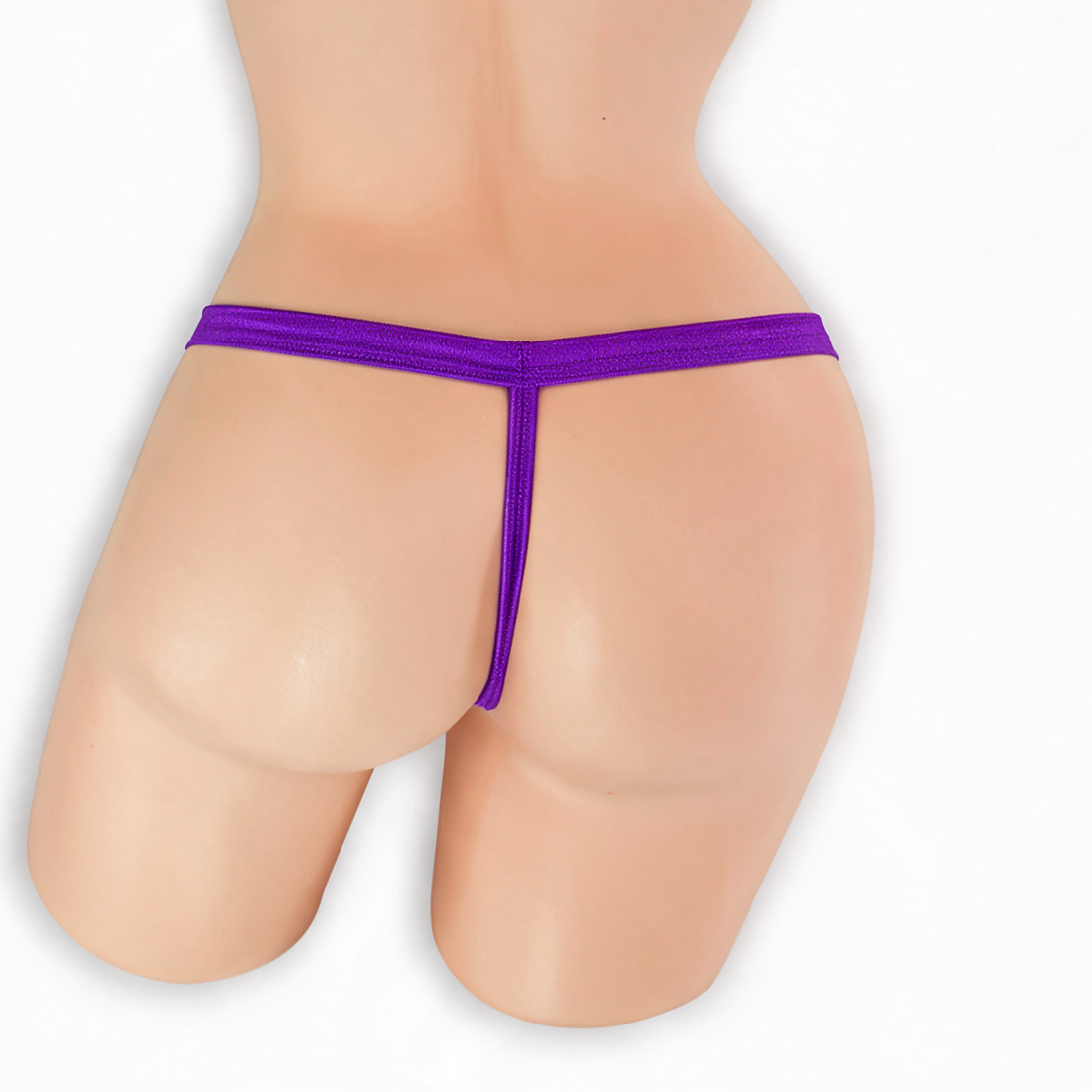 Amethyst purple comfort strap t-back thong on mannequin, back view, Golddiggers Boutique