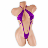 Amethyst purple Desiree double O-ring halter bodysuit, front, Golddiggers Boutique