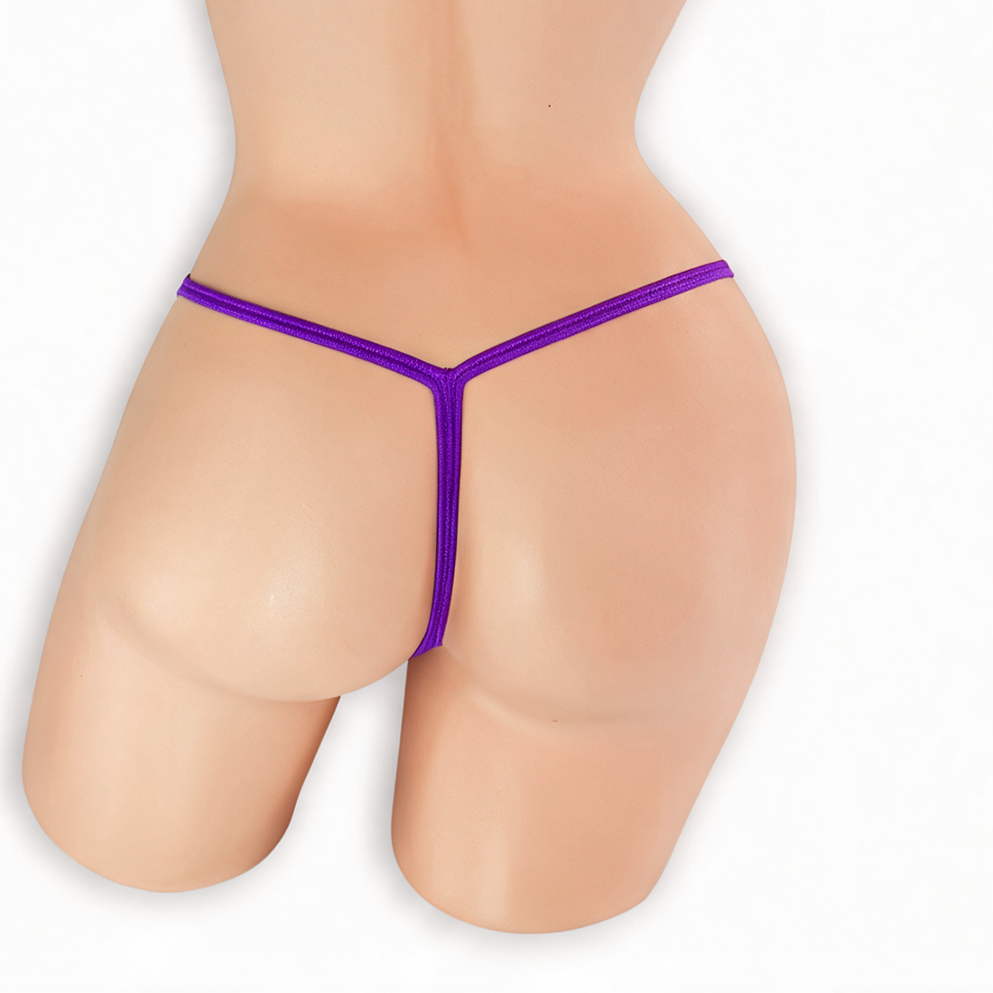Amethyst purple double clip low rise v-back thong on mannequin, back view, Golddiggers Boutique