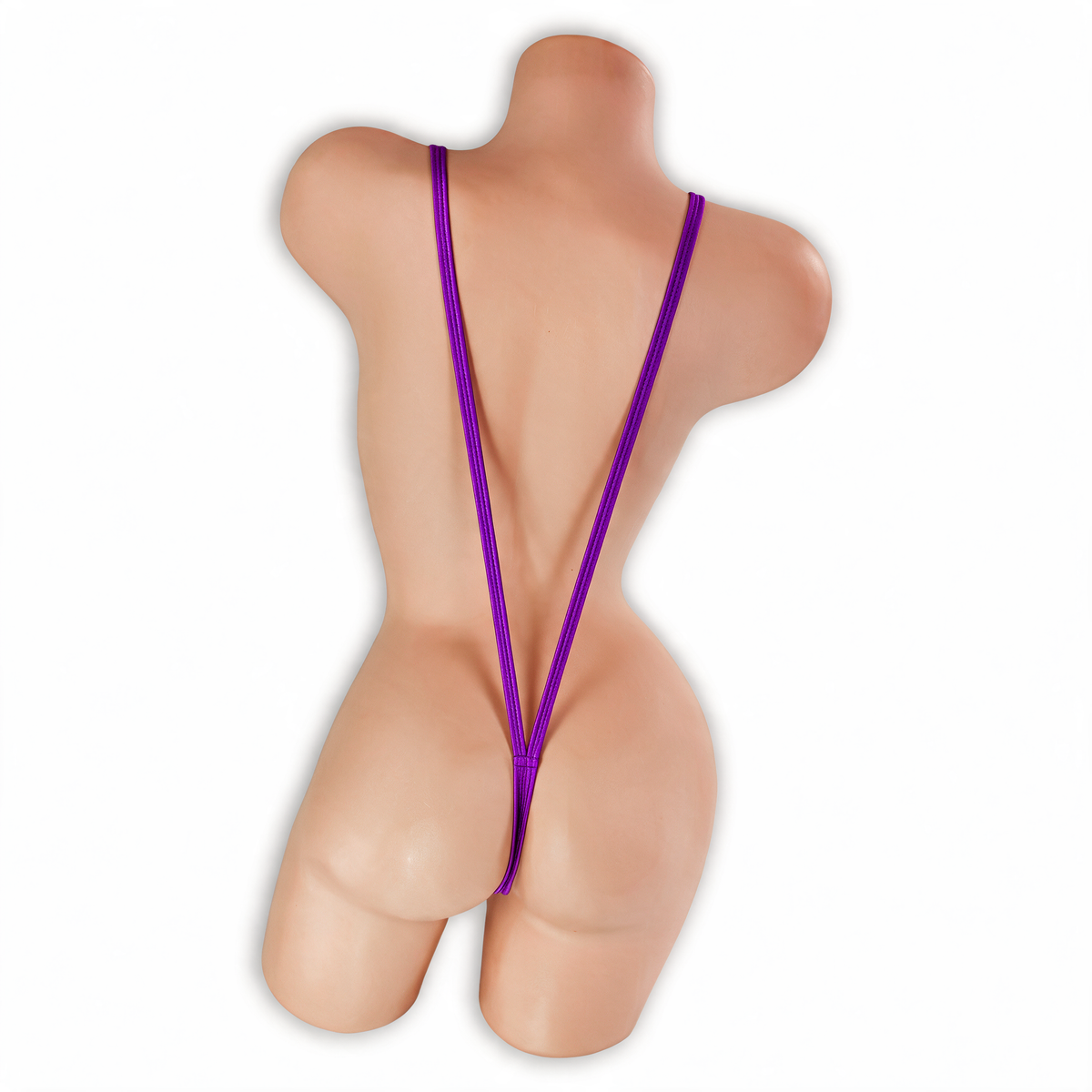 Amethyst (Purple) Elektra V Slingshot Bodysuit back view on mannequin, two thin straps into a G-string back