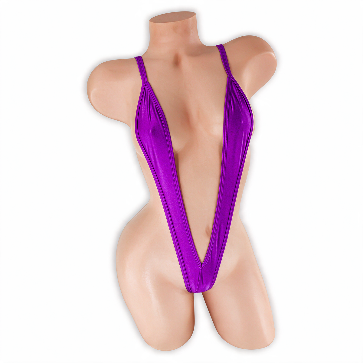 Amethyst (Purple) Elektra V Slingshot Bodysuit front view on mannequin, deep V straps over the chest