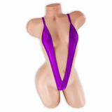 Amethyst (Purple) Elektra V Slingshot Bodysuit front view on mannequin, deep V straps over the chest