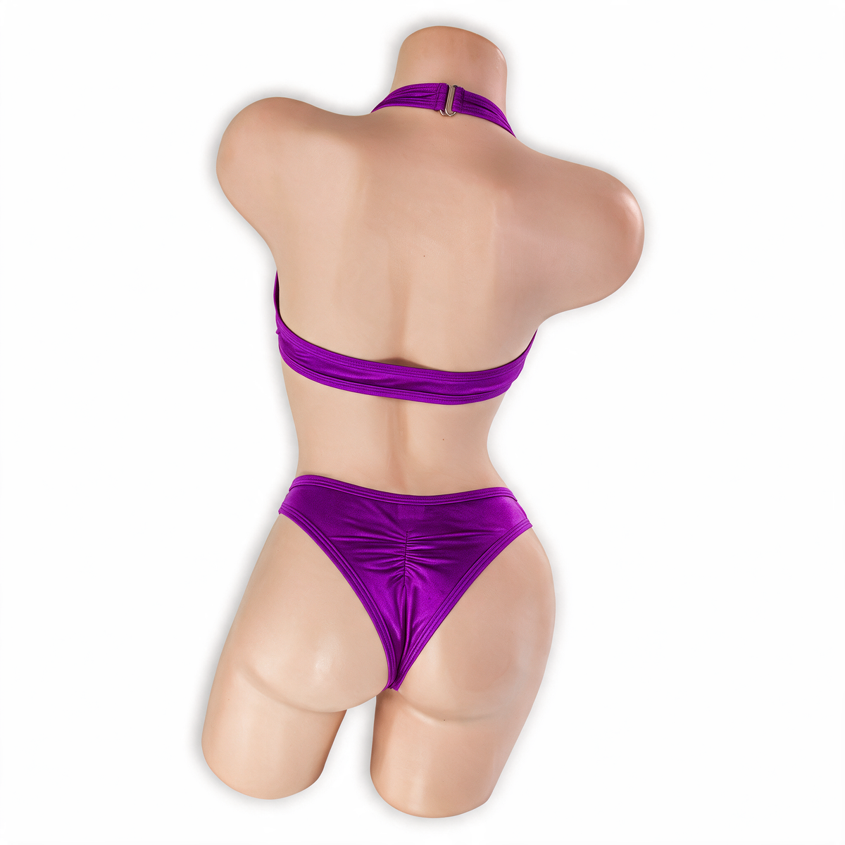 Amethyst purple Esmeralda asymmetrical O-ring halter bodysuit, back, Golddiggers Boutique