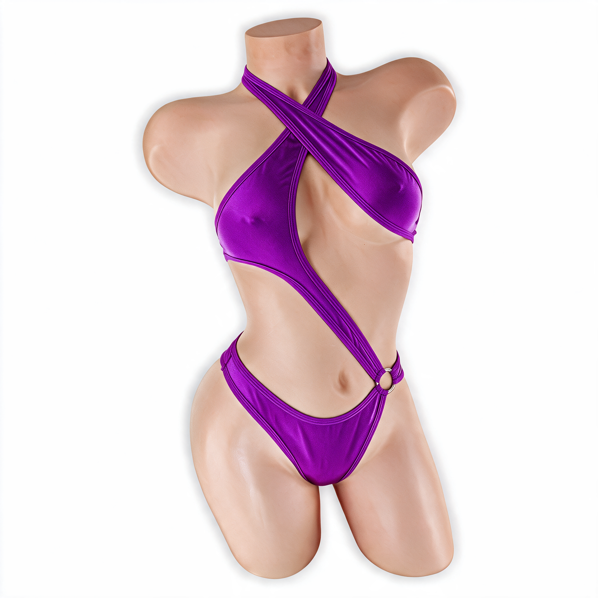 Amethyst purple Esmeralda asymmetrical O-ring halter bodysuit, front, Golddiggers Boutique