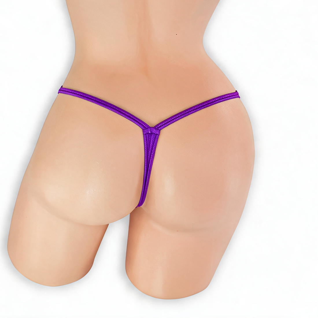 Amethyst purple fairy dust v-front g-string on mannequin, back view, Golddiggers Boutique