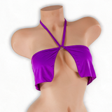 Amethyst purple flowy o-ring top on mannequin, front view, Golddiggers Boutique