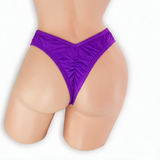 Amethyst purple high waisted scrunch v-back thong on mannequin, back view, Golddiggers Boutique